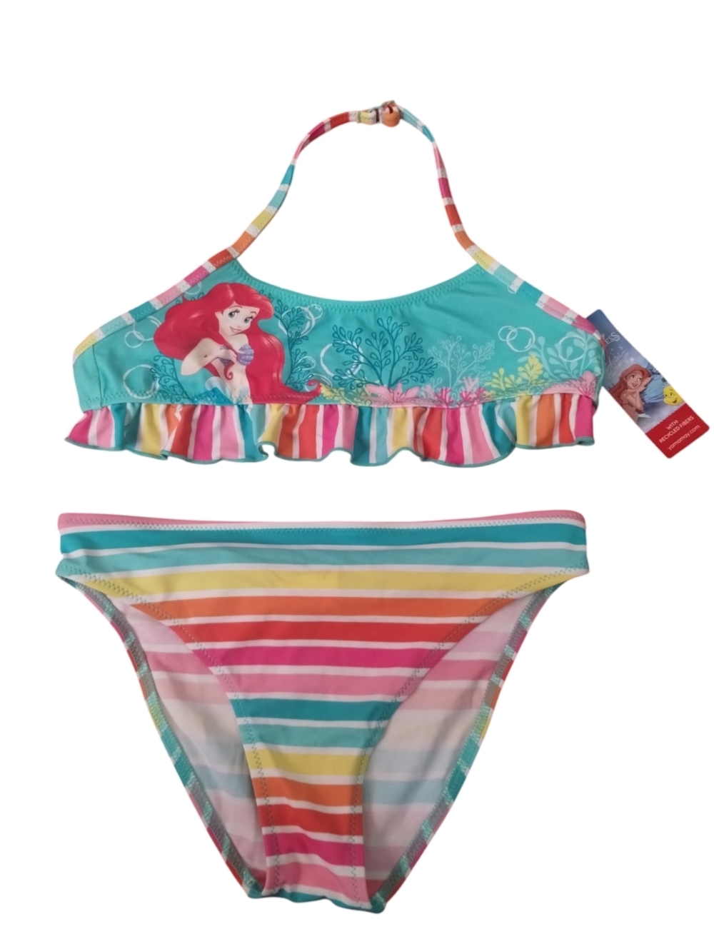 Disney Girls' Teal & Rainbow Stripe Ariel Little Mermaid Two-Piece Bikini Beach